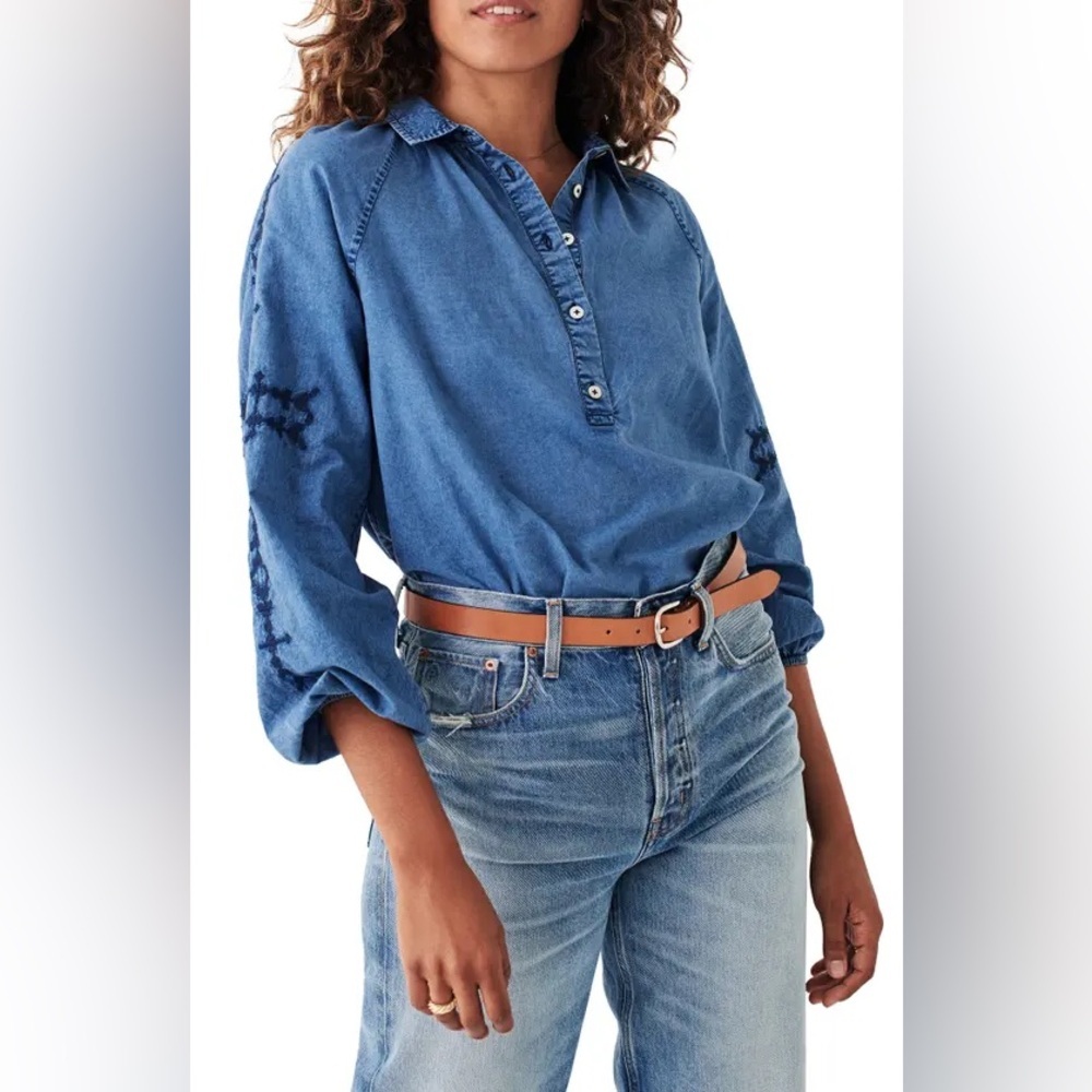 Faherty x Doug Good Feather The Journey Top Embroidery Blue‎ Chambray Boho Sz S